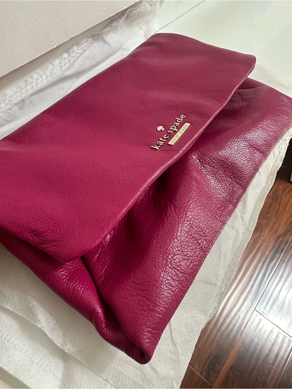 Authentic kate spade Magenta Leather Fold-Over Clutch with Gold Logo